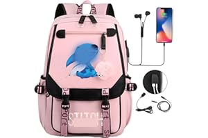 Suffolly Anime School Bags,Large Capacity Cartoon Backpack With 2 Usb School Backpack Lunch Travel Rucksack18.8 * 11.8inch for Primary Secondary,High School for Girls Boys