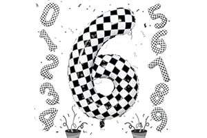 ISNDARE Giant Number Balloons 6, Black and White Checkered Self Inflating 0-9 Set Number Balloon for Kids, 40 Inch Foil Helium Racing 6 Balloon for Boys 6th Birthday Party Race Car Flag Decorations Supplies