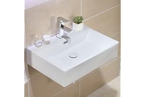 HOROW Lavabo para baño de 60 cm, montaje en pared, lavabo de cerámica blanca, lavabo pequeño para invitados, moderno y elegante, sin desagüe, 60 x 42 cm