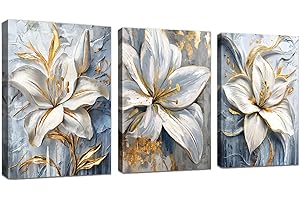 WENGTIAO 3 Pezzi Stampa su Tela Grigio Bianco Oro Gigli Fiori Con Cornice Quadro su Tela con Floreale Quadri Moderni Soggiorno Casa Camera da Letto Decorazioni Parete 30x40 cmx3