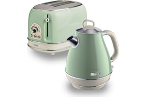 Ariete ARPK2 Retro Style Jug Kettle and 2 Slice Toaster Set, Vintage Design, Green
