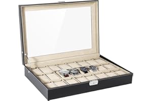 Uten Porta Orologi a 24 Scomparti, Scatola per Orologi in PU con Coperchio in Vetro, Fodera Beige, Cuscinetti Rimovibili, Fibbia in Metallo, Scatola Portagioielli per Orologi Uomo e Donna