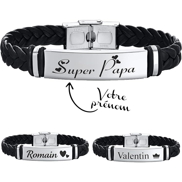 Bracelet Personnalisé Nom Gravé - Acier Inoxydable & Cuir Véritable - Taille Réglable - Cadeau Homme Femme Personnalisable