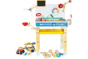 leomark Banco de Trabajo Infantil 166 Piezas con Herramientas + Camión Grúa de Madera – Taller Montessori con Accesorios, Pizarra y Cochecitos – Juguete Educativo para Niños 3+ Años