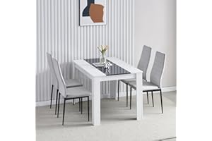 MENAKA Modern White Dining Room Table and Chairs Set of 4 for Small Space, 5pcs Wood Kitchen Table with 4 Seats Chairs Set for Restaurant Dinette Space-saving (table and 4 grey velvet chairs)