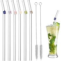 Cannucce Curve In Vetro Riutilizzabili – 6 Pezzi Con Fiore Colorato E 2 Spazzole – Per Cocktail, Frullati E Succhi