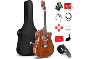 Vangoa Chitarra a 12 Corde Elettroacustico 4/4 Legno di sapelli Dodici Corde Chitarra con Equalizzatore a 4 Bande, Marrone