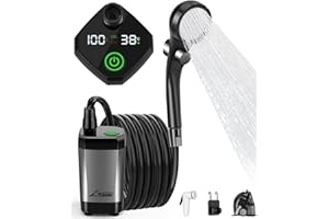 ‎WADEO WADEO Przenośny prysznic kempingowy z pompką, prysznic kempingowy z akumulatorem 6000 mAh, mobilny prysznic z głowicą prysznicową, na kemping, podróże, do ogrodu, wędrówek, mycia samochodu