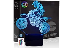 Comiwe Moto Motocross 3D Illusion Veilleuse Jouets,Décor de Maison LED Lampe de Chevet Table,Tactile & Télécommander 16 Couleurs,Cadeau d'Anniversaire de Noël Pour Garçons Enfants Amis et Famille