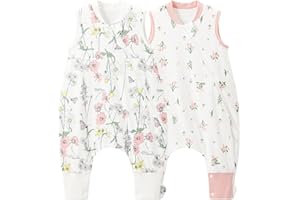 Duomiaomiao Śpiwór niemowlęcy z nogawkami, 2 sztuki, 1,0 Tog, całoroczny śpiwór wiosenny, 100% bawełna, śpiwór dla niemowląt, dla chłopców, do spania z nogami (95 cm, różowy + kwiat)