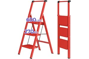 JOISCOPE 3 Step Ladder with Handrails, 600lbs Load Capacity, Lightweight Folding Step Stool for Adults, Portable Kitchen Steps Foldaway, Multifunctional Step Ladders for Home Office,Space Saving,Red