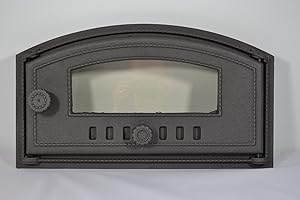 SEZAM Backofentür aus Gusseisen mit hitzebeständiger Glasscheibe, nach rechts öffnend, Pizzaofentür - Brotofen - Steinofentür, 48,5 x 6,5 x 27,5 cm - halbrund, grafitfarbene Bemalung