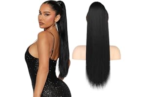 ‎FLUFYMOOZ Flufymooz Ponytail Extension Pferdeschwanzverlängerung, 56 cm langer gerader Pferdeschwanz mit Kordelzug, Lockiger Pferdeschwanz Synthetisches Haarteil für Damen(Pechschwarz)