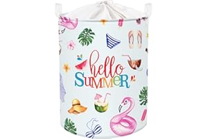 Clastyle 45L Cesta Ropa Sucia Verano Playa Vacaciones Flamingos Hojas Cestos Almacenaje Juguetes Natación Anillo Azul Plegable Redonda para Camping, 36x45 cm