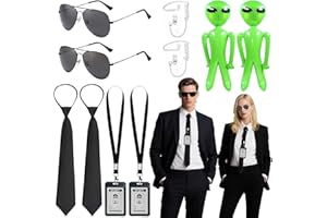 GLIROP Agent Costume Accessories Set, Secret Agent Dress Up Kit with ID Holders Black Ties Sunglasses Earpieces Inflatable Green Aliens for Women Men Halloween Cosplay Carnival Fancy Dress