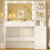 FIONESO 110cm Makeup Vanity with Large Mirror and LED Lights, Makeup Table with 5 Drawers, 2 Open Shelves, for Girls, White