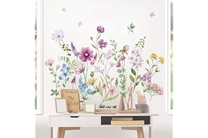 wondever Purple Wildflower Wall Stickers Garden Flower Daisy Floral Botanical Wall Art Decals for Bedroom Living Room Sofa