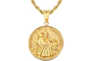 KRKC & CO KEEP REAL KEEP CHAMPION KRKC&CO 2.5mm St Christopher Necklace for Men, 22" Pendant Necklace Protector Talisman, Coin Medallion, 18K Gold Plated Protection, Chain with Pendant Jesus, Gift for Husband Son Father