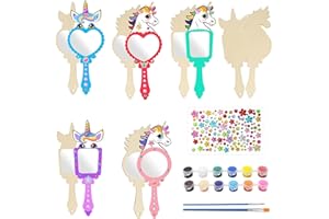 TASHCE 12Pcs Specchio in Legno Fai da Te, Unicorno Specchio in Legno, Lavoretti in Legno per Bambini, Kit Pittura Bambini Mini Specchio a Mano con Manico per Bambini per Bambini Compleanno Regalo di Festa