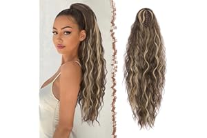 FESHFEN Coda Capelli Extension con Pinza Lunga Ondulati Ricci Posticci Sintetici Ondulati Coda Cavallo Extension Posticci Extension Capelli per Donna, 65 cm Marrone Castagna Misto Biondo Cenere