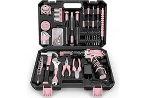Sundpey Tool Kit with 12V Drill - Cordless Power Drill Tool Set - Protable General Basic Complete Home and Auto Repair Tools Set - Pink Tool Kit for Women with Wrench & Socket & Screwdriver Kit