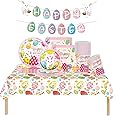 Easter Party Tableware Set 70pcs Easter Themed Party Paper Plates Napkins Tablecloth Easter Party Supplies,Colourful Easter Egg and Rabbit Table Decorations Easter Party Pack Bundle Dinner Dessert