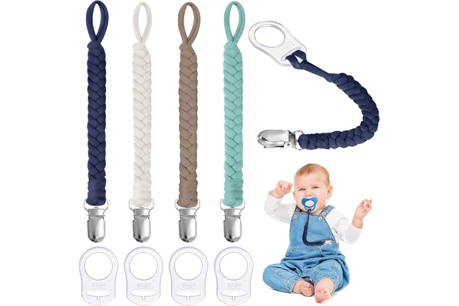 Aolso Dummy Clips Pacifier Chain, 4pcs Dummy Pacifier Chain with 4pcs Clip Adapter, Silicone Ring Adapter, Soother Chain Holder Straps Teething Clip, Teething Toy (Black/Blue/White)