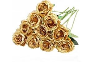 Nubry Künstlicher Seidenrosenstrauß, lebensechte künstliche Rosen für Hochzeit, Zuhause, Party, Dekoration, Event, Geschenk, 10 Stück (Gold)