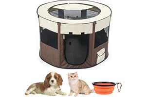 DAILJMON Foldable Portable Pet Playpen/Dog Playpen With Folding Silicon Bowl, Soft Pop up Pet Playpens for Puppy Dog Kitten Cat, Lightweight 600D Oxford Fabric with Breathable Mesh 28.35x28.35x17.72”(Coffee)