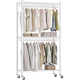 Himimi Double Coat Rack with Wheels, Heavy Duty Coat Rack with 2 Hooks and Height-Adjustable Shelves, Metal Clothes Donkey fo