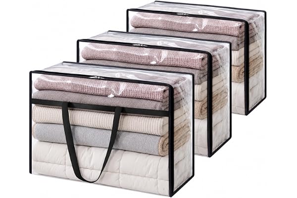 Lifewit-paket med 3 genomskinliga plastpåsar, 60L garderobsorganisator Förvaringslåda med lock Klädförvaring Flyttlådor med f