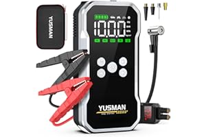 YUSMAN Arrancador de Baterias de Coche con Compresor de Aire, 12V 6000A Arrancador Coche Portatil con Inflador de 150 PSI (para 10L Gasolina o 8L Diesel), Linterna LED de Emergencia
