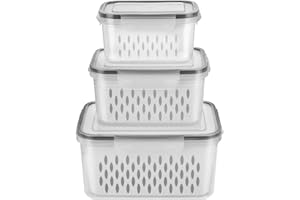 KOXXIAMOQ 3 zestawy pojemników do przechowywania owoców do lodówki z durszlakiem, pojemniki do przechowywania świeżej żywności z pokrywkami, hermetyczne, pojemniki do przechowywania warzyw, sałatek