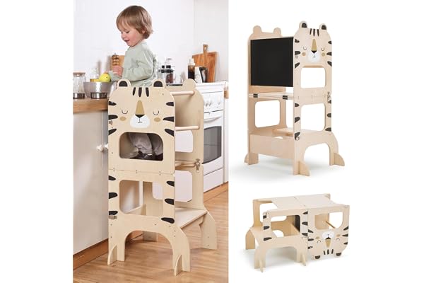 Labebe Tour d Observation Enfant, Tour d'apprentissage pour Enfants Pliable Montessori Learning Tower, Tour d'observation multifonctionnelle 3 en 1 avec Tableau à Dessin - Tigre