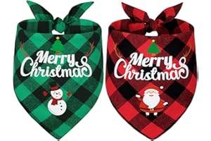 Vivifying Dog Christmas Bandanas, 2Pcs Adjustable Triangle Dog Bandanas with Chequered Print, Dog Christmas Costume for Dogs (Large, Green&Red)