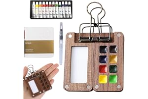 WNXBFO Pocket Artist Watercolor Travel Set, Mini Art Set, 8-Grid Wooden Travel Drawing Board with Metal Clip, Fountain Pen, Convenient Drawing Book and 12 Color Watercolor Palette
