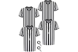 Sintege 4er Pack Schwarz Weiß Gestreiftes Schiedsrichter Hemd mit Pfeife Offizielles Schiedsrichter Kostüm mit V-Ausschnitt Herren Fußball Schiedsrichter Trikot Kostüm für Basketball Fußball (XL)