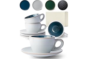 KIVY Cappuccino Tassen Dickwandig [4 x 180ml] - Handgefertigte Steingut Tasse - Kaffeetassen mit Untertassen - Cappuccinotassen Grau Blau- Milchkaffee Tassen Groß - Cappuccino Tasse mit Untertasse