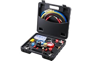VEVOR 4 Way AC Gauge - AC Manifold Gauge Set for R134A R22 R12 R410A Refrigerant, Freon Gauges with 5ft Hoses, Couplers, Can Tap Works on Car Auto Freon Charging and Evacuation