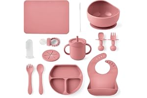 BABYMANA 14 Piece Silicone Baby Led Weaning Set: Complete Toddler Self-Feeding Essentials Kit - Placemat, Suction Plate, Bowl, Bib, Cup, Cutlery, 2-in-1 Pacifier & Teether, Toothbrush | 6 Months+ (Dark Pink)