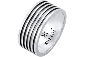 Kuzzoi Anillo de hombre oxidado macizo (10 mm) en plata de ley 925, accesorio vintage con estructura acanalada, anillo marcador, anillo para hombres en tamaño 60-66, 0601762921