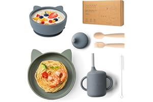 COOLABLE Set de Repas Bébé en Silicone sans BPA, Vaisselle 6 Pièces - Bol et Assiette avec Ventouse, Tasse, Fourchette et Cuillère - Compatible Lave-vaisselle et Micro-ondes -Bleu