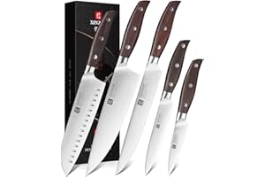 XINZUO 5 Pièces Set Couteaux de Cuisine en Acier Inoxydable 1.4116 Allemand,Professionnel Acier à Haute Teneur en Carbone Couteau de Chef Santoku Trancher Universel Fruits, Red Sandalwood Poignée