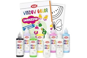 LM-Kreativ Window Color Set - Sommerspaß - Entfache Kreativität mit 7 x 80ml Farben & 1 x 80ml Konturfarbe, inklusive Vorlagenheft mit ca. 30 Sommer-Motiven. Auf Wasserbasis & leicht entfernbar
