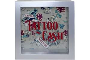 MIK FUNSHOPPING Skarbonka Tattoo Cash z drewna z okienkiem i białą obudową – oszczędzaj pieniądze na swoje tatuaże (srebrna obudowa z kolorowymi motywami tatuażu)