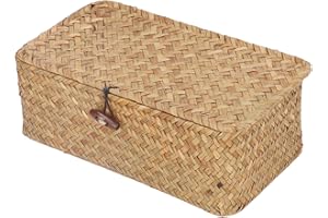 ATYHAO Cestino portaoggetti Seagrass, cestini rettangolari intrecciati squisiti con coperchio per ufficio(S)