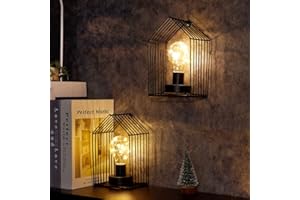 JHY DESIGN Zestaw 2 lamp na baterie 18 cm wys. vintage kinkiet metalowa klatka wisząca bezprzewodowa lampa ścienna z 6-godzinnym timerem