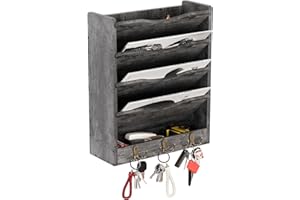 Senhoglb 5-stöckiger Post-Organizer zur Wandmontage, hängender Zeitschriftenständer aus Holz, Büro-Aktenhalter mit 6 Haken, Dunkelgrau