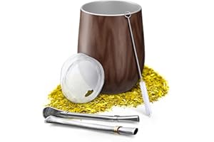 Aquafloow Tasse Yerba Mate 350 ml + 2 Pailles Bombilla Maté en Acier, Tasse Yerba Mate à Double Paroi | Couverture sans BPA, Set de thé en Acier Inoxydable pour Maté, Yerba – Marron