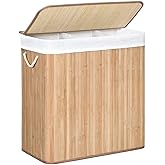 SONGMICS &ccedil;amaşır sepeti, &ccedil;amaşır toplayıcı, bambudan yapılmış, kulplu &ccedil;amaşır sandığı, 3 b&ouml;lme, klipsli kapak, 150 L, katlana